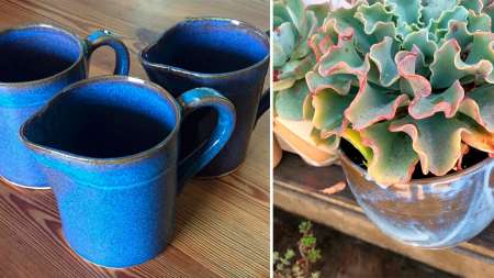 Tazas, jarras, floreros, platos, todo en cerámamica gres o stoneware.